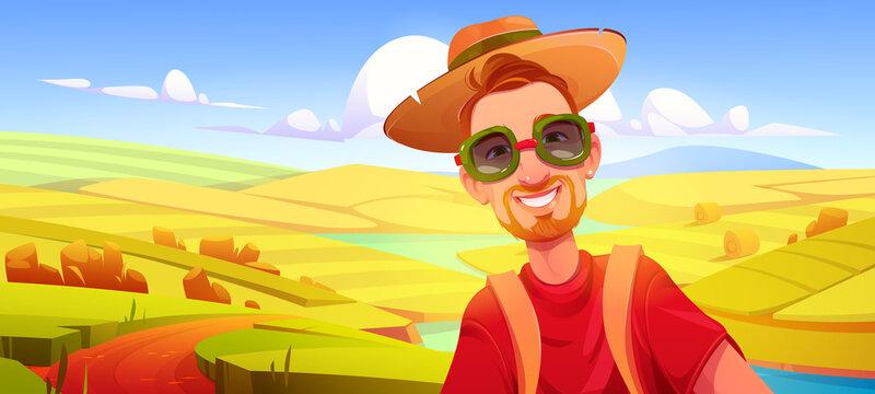 Young man smiles on background of river and agriculture fields. Vector cartoon illustration of autumn rural landscape with lake, grass and happy person with red hair, beard and hat