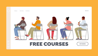 Free Courses Landing Page Template. Sitting People Rear View, Young Men and Women Characters Sit on Chairs in Row