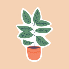 Houseplant in pot. Sticker for planner or diaries. Hand drawn color vector illustration isolated on background. Flat cartoon style.