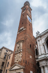 Fototapeta na wymiar View of the Bissara Tower Clock in Vicenza, Veneto, Italy, Europe, World Heritage Site