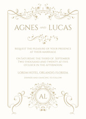 Elegant wedding invitation. Frame with calligraphic elements, floral colored border and  monogram. Card template for greeting card, certificate, invitation, menu.