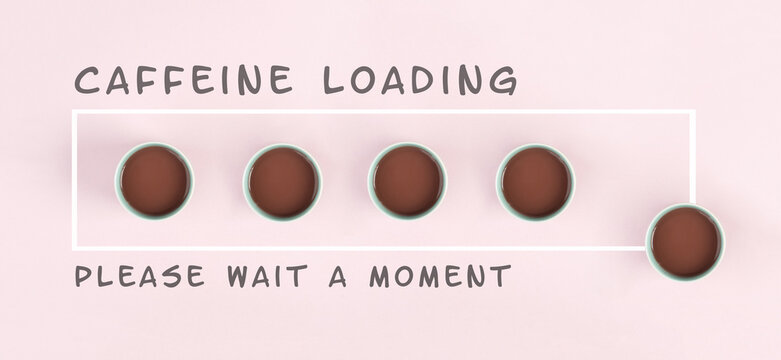 Cup of coffee progress bar, caffeine loading, wake up in the morning, hot drink for breakfast,taking a break from work, more power for productivity with energy