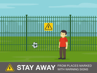 Electrical safety rule. Male kid stands next to the green fence. Stay away from places marked with warning signs. Flat vector illustration template.