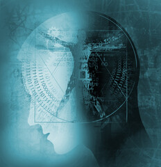 Male head with Vitruvian man, futuristic concept for technology and science. Illustration of stylized young man head in profile and vitruvian man with a binary code on blue background..
