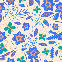 Fototapeta premium Butterfly and floral seamless pattern in elegance style with blue color.