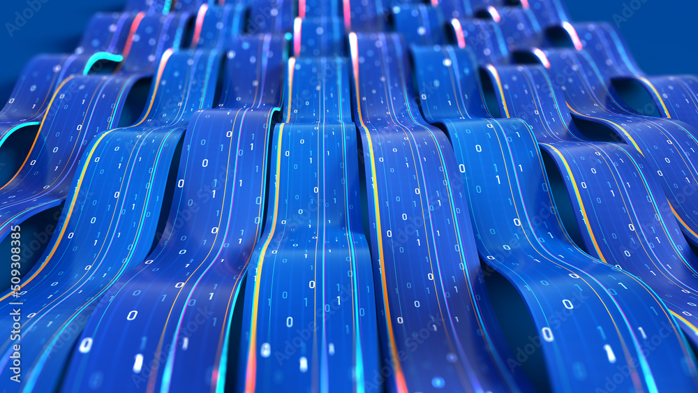 Poster Data of crypto waves. 3D illustration of wavy lines in the information code field. Data flow cyber concept. Coding and technology