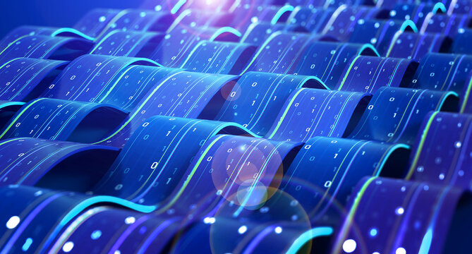 Data of crypto waves. 3D illustration of wavy lines in the information code field. Data flow cyber concept. Coding and technology