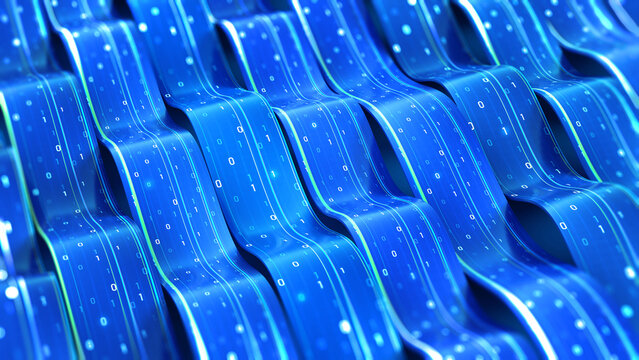 Data of crypto waves. 3D illustration of wavy lines in the information code field. Data flow cyber concept. Coding and technology