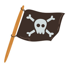 Torn pirate flag with white skull and bones icon. Waving black flag with crossbones emblem. Vector flat illustration