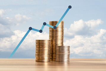 Close up Photo of constantly increasing coins on isolated background. Concept of rising money and...