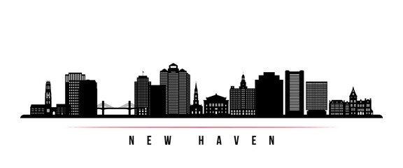 New Haven skyline horizontal banner. Black and white silhouette of New Haven, Connecticut. Vector template for your design.