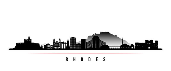 Rhodes skyline horizontal banner. Black and white silhouette of Rhodes, Greece. Vector template for your design.