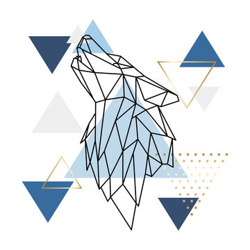 Geometric howling wolf on scandinavian background. Polygonal wild wolf. Stock vector illustration.
