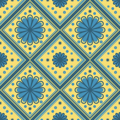 Geometric flowers in square frames seamless pattern 