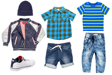 Collage set of little boys spring clothes isolated on a white background. Denim trousers or pants,...