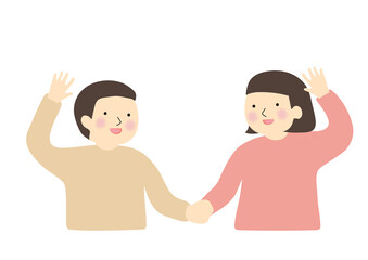 手を繋いで片手をあげている笑顔の子供2人