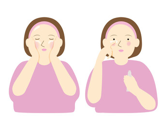 基礎化粧が完了して満足する女性とアイクリームを塗る女性セット