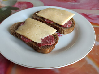 Two salami and cheese sandwiches on a plate