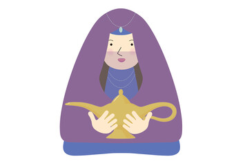 魔法のランプを持っているベールをかぶった女性