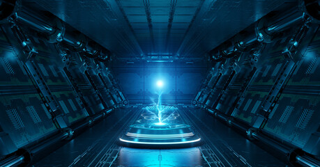 Blue spaceship interior with projector. Futuristic corridor in space station with glowing neon lights background. 3d rendering © sdecoret