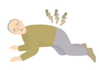 腰が痛い起き上がろうとする老年男性