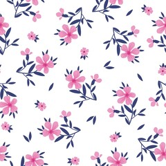 Simple vintage pattern. pink flowers, blue leaves. white background. Fashionable print for textiles, wallpaper and packaging.