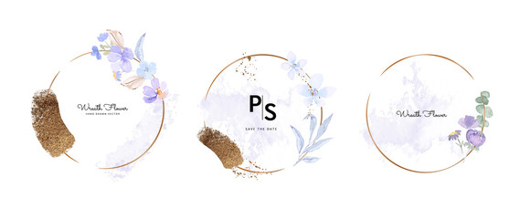 watercolor wreath with metallic for wedding banner ,logo template