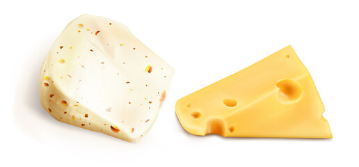 Realistic cheese pieces, dairy farm production, natural food. Triangular chunk parts with holes and seasonings. Delicatessen ads, isolated elements for package branding design, 3d vector illustration
