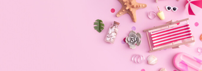 Banner with sccessories for summer party - beach chairs, umbrellas, ice cream top view. Beach party concept with copy space