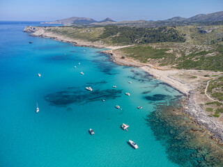 pleasure boats at anchor , protected natural area, capdepera, Mallorca, Balearic Islands, Spain
