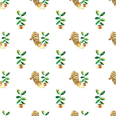 Seamless pattern with watercolor illustration of striped cat, sharpen claws, with ficus.