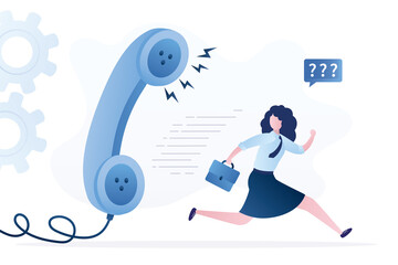 Frustrated male employee runs away from large handset. Mental stress from talking to boss. Chief is yelling on telephone. Psychological pressure on clerk. Office violence.