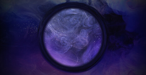 Ink color blend. Paint water magic circle. Transition reveal effect. Neon pink blue fluid splash on...