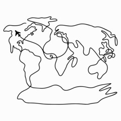 World map. Hand drawn simple stylized silhouette of continents in minimal thin line. Isolated vector drawing