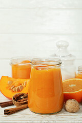 Concept of tasty food, pumpkin jam, space for text