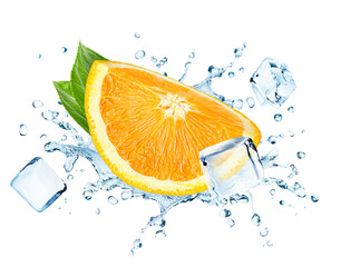 one levitating orange slice with leaves, ice cubes and water splash on a white isolated background