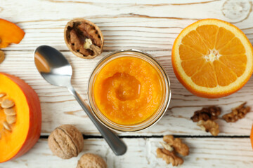 Concept of tasty food, pumpkin jam, top view