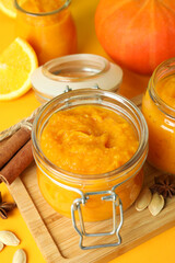 Concept of tasty food, pumpkin jam, close up