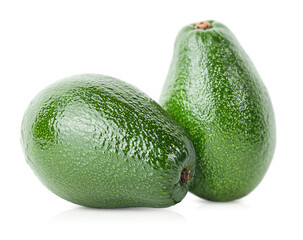 two whole avocados on a white isolated background