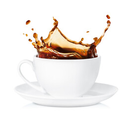 white cup with a splash of hot coffee on a white isolated background