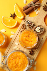 Concept of tasty food, pumpkin jam, top view