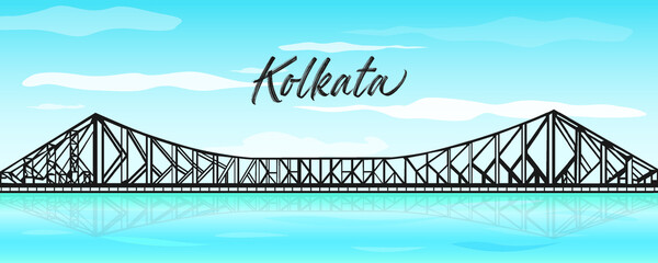 Kolkata or Calcutta, Howrah bridge during sunset. Capital of India's West Bengal state.