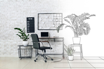 New interior of modern office with comfortable workplace and houseplants