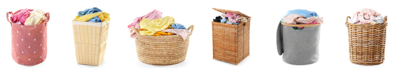 Set of baskets with laundry isolated on white