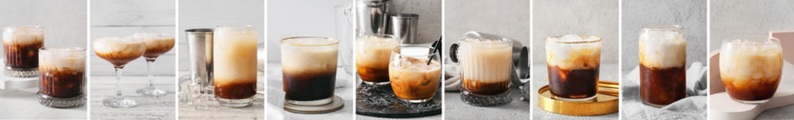 Collage with tasty White Russian cocktail on light background