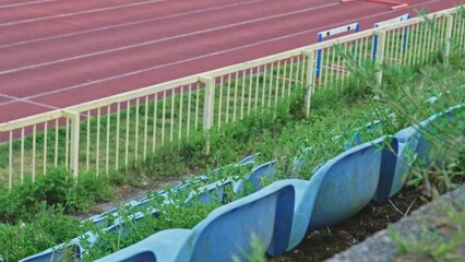Row of Blue Empty Plastic Seats on Abandoned Stadium Tribune Overgrown with Plants and Weeds