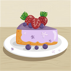 Slice of berry pie. Vector flat illustration of cake with strawberries and blueberries. Delicious dessert.