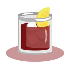 Negroni with ice and lemon in a glass. Vector flat illustration of negroni cocktail.