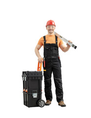 happy worker repairman - builder with construction tools in big tool-box
