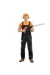 Worker handyman repairman or builder with construction tool - hammer drill percussion perforator